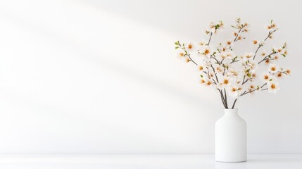 A white ceramic vase with delicate branches of small white and yellow flowers, placed on a minimalist white surface against a plain wall, and serene and elegant composition.