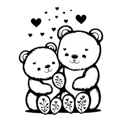 Adorable bear couple embracing with floating hearts, a charming monochromatic art piece