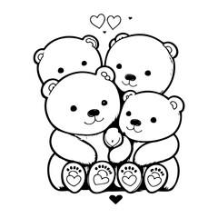 Charming monochrome illustration featuring a family of stylized teddy bears in an embrace