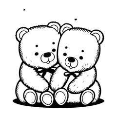Whimsical teddy bear duo in charming monochrome illustration for affectionate visuals