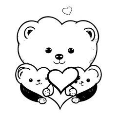Adorable monochrome illustration of a loving bear family with heart details