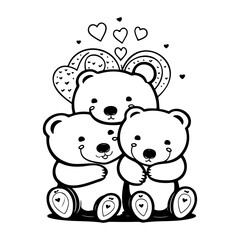 Charming bear trio illustration adorned with whimsical hearts for Valentine's Day