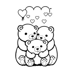 Adorable teddy bear family illustration with floating heart balloons in monochrome
