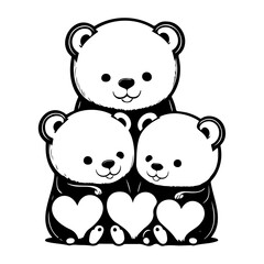 Charming monochrome illustration of three bears holding hearts, perfect for print