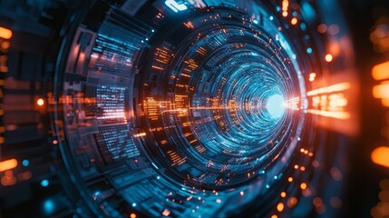 Fototapeta premium Futuristic tunnel design with glowing tech elements.