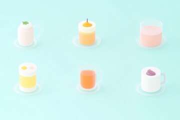 Cute miniature drinks and desserts on pastel background.  Various colorful, stylized, food items, displayed in small cups, glasses and on plates.  Perfect for a cafe or restaurant menu design