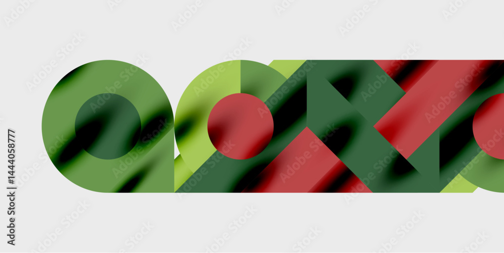 Poster Abstract geometric composition. Green, red shapes overlap, creating dynamic visual pattern. Minimalist design, flat aesthetic.