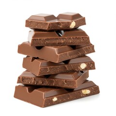 Stack of chocolate pieces with nuts isolated on white background