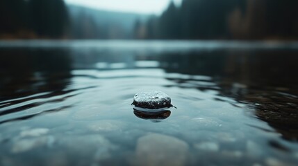 Smooth stone resting on tranquil water surface.  Misty forest background