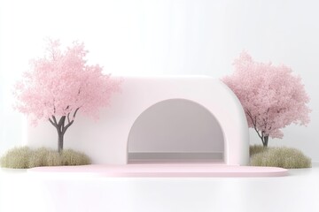 Minimalist, pastel-colored display podium with cherry blossom trees. Soft, light, and inviting design for product presentation