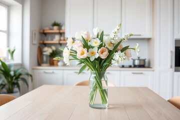 Vase with fresh spring flowers on dinning table on the background of modern kitchen in Scandinavian interior style. Light white blue colors.
