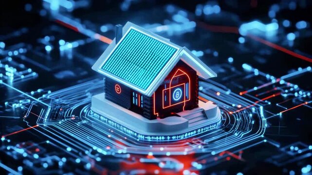 Futuristic smart home digital technology with glowing neon circuit board, electronic security system, and advanced house innovation featuring solar panels and data network protection