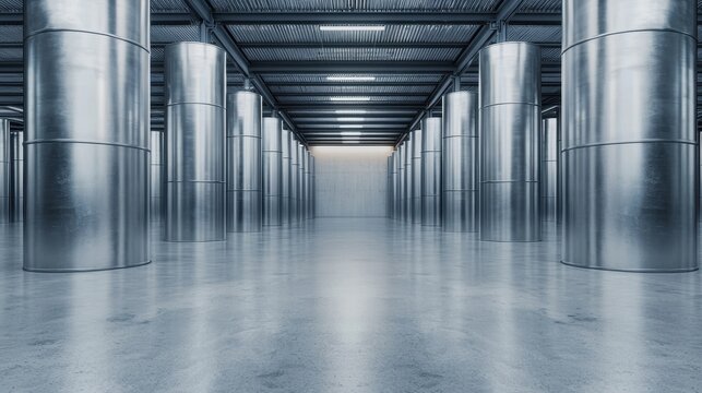 Modern industrial interior with stainless steel columns and polished concrete floor in a spacious warehouse - Powered by Adobe
