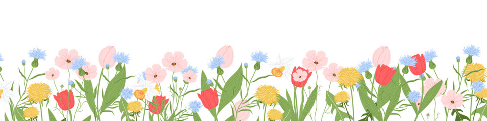 Summer and spring flowers mix border, banner, floral, vector flat illustration. Mothers Day, Romantic