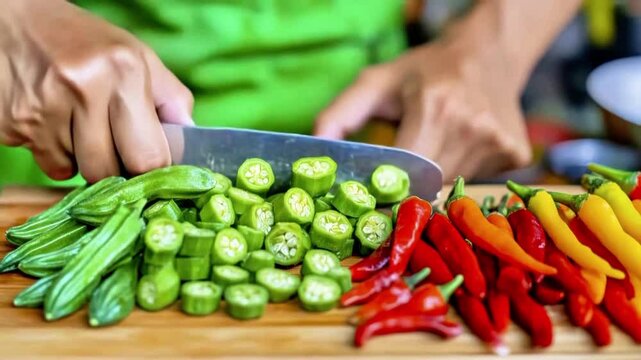 Sliced okra and colorful red, yellow chili peppers on wooden cutting board with knife, fresh green vegetable preparation for cooking vibrant fresh vegetables and sliced okra with chili pepper