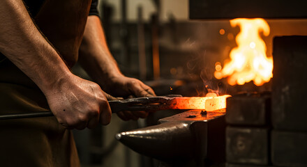 Blacksmith's Hands Forging Glowing Metal on Anvil, Fiery Forge Background