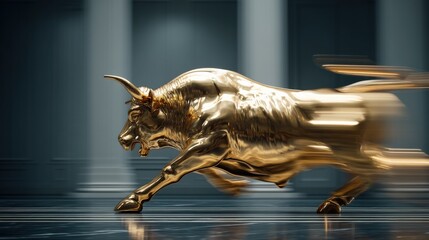 Golden Bull Statue Charging Forward with Motion Blur, Symbolizing Financial Market Surge