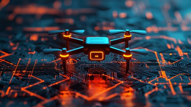 Futuristic Drone with Neon Lights Hovering Over Circuit Board in Dark Environment