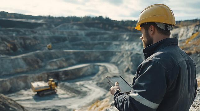 Mining Engineer Using Tablet at Quarry Site