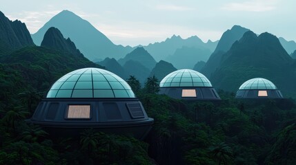 Futuristic domes nestled in lush greenery amidst towering mountains under a soft morning light