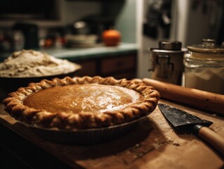 Homemade pumpkin pie on a wooden table.
