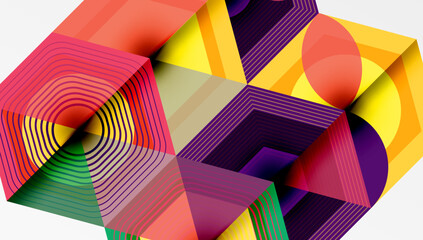 Abstract geometric composition. Vibrant colors intersect, creating complex layered shapes. Lines suggest depth, form dynamic visual experience.