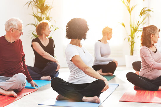 Mature people stretching in yoga class in a bright wellness studio. Flexible older men and women in twisting asana seated pose together on exercise mats during meditation and breathing session
