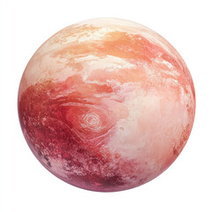 Fototapeta premium Detailed view of a round, reddish-orange planet, with light beige/cream colored markings and textures, displayed against a white background. Its surface appears rocky and varied in color and tone