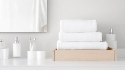 Clean, modern bathroom vanity with stacked white towels