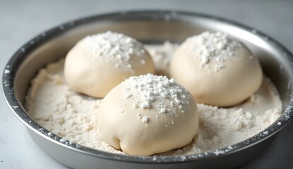Fototapeta premium Close-Up of Proofed Pizza Dough Balls in Metal Tray – Rustic Kitchen Preparation