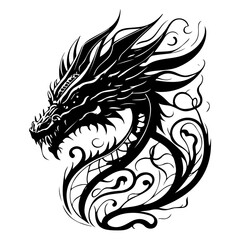 Stylized dragon illustration with intricate line work, black and white fantasy art