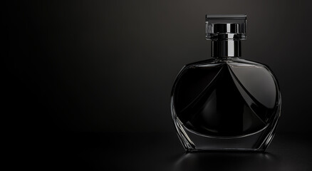 Glass perfume bottle with an elegant black background, with a white label on the front and side of the cap for a sophisticated, minimalist look.