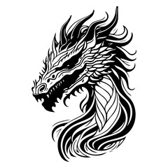 Intricate monochrome dragon head artwork showcasing detailed scales and flowing mane