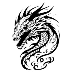 Stylized dragon head illustration with intricate linework and bold contrasts