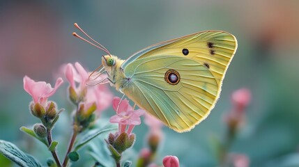 Obraz premium Close-up of a butterfly resting on a flower in natural sunlight