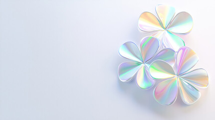 Obraz premium Delicate pastel flowers in soft light. A cluster of iridescent blossoms with layered petals in light pastel hues. The background is a plain, light gray