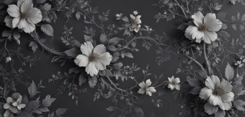 Subtle dark grey floral wallpaper featuring intricate vine and blossom details , floral design, interior design