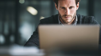 Young Entrepreneur Concentrating on Work with Laptop in Modern Office Engaging in Strategic Planning and Corporate Development of New Business