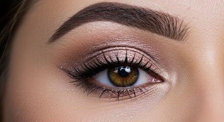 Fototapeta premium Close-up portrait of a woman's eye with golden eyeshadow and dark eyelashes