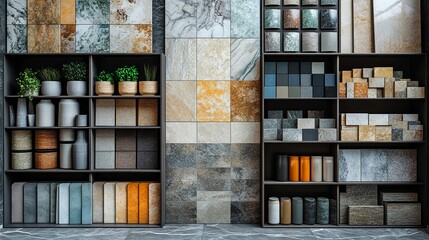 Display of various stone and tile samples in a modern showroom.