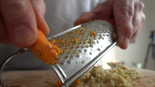 Stockholm, Sweden A person grates turmeric on a wooden board and a pile of grated ginger. 