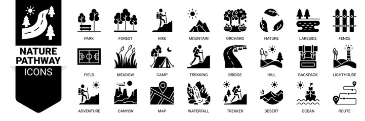 Nature pathway icon set. Vector illustration concept with icon of park, forest, mountain, orchard, nature, lakeside, fence, camp, adventure and more. Solid icons vector symbol background collection.
