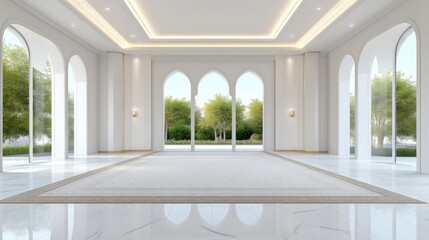 White, modern hall with arch windows and garden view