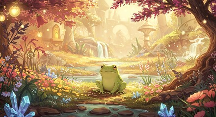 Fototapeta premium Enchanted Frog in a Mystical Meadow with Ancient Structures Backdrop