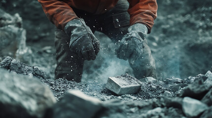Miner Breaking Rocks with Hammer