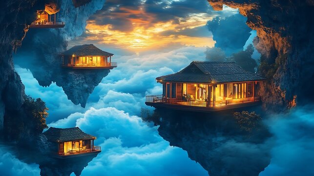 Floating houses on cloudscapes