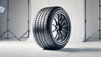 High-Performance Car Tire and Alloy Wheel in Studio Lighting Setup

