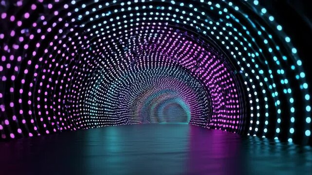 Glowing Dot Tunnel Infinite Loop. High-resolution 4K still frame from a centered, first-person perspective inside a long tunnel constructed of countless vibrant purple and pink glowing dots. 