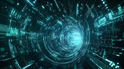 Abstract digital tunnel of turquoise data streams and bright light code flow cyber space lines speed