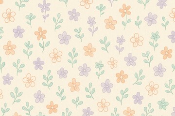 Vintage floral pattern in pastel colors, hand-drawn small flowers in peach, lavender, mint on a cream background